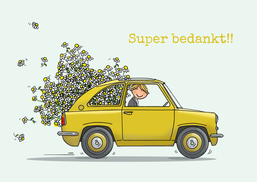 Bedankkaartjes - Auto eendje geel met bloemen