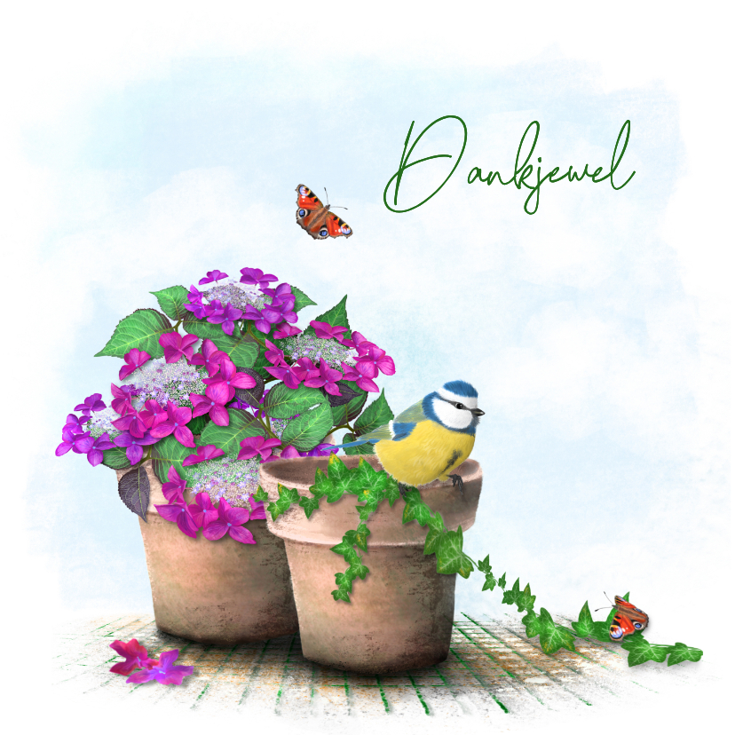Bedankkaartjes - Bedankkaart Hortensia in pot met pimpelmees
