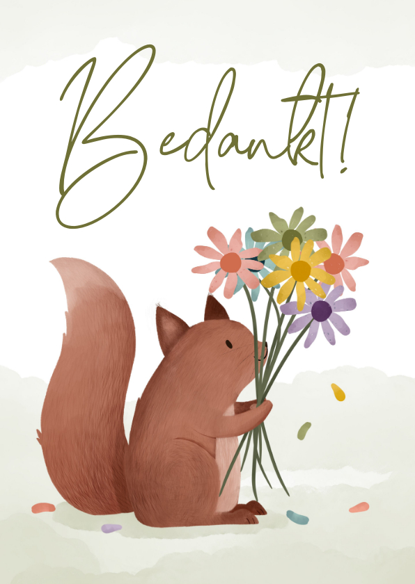 Bedankkaartjes - Bedankkaartje eekhoorn met bosje bloemen