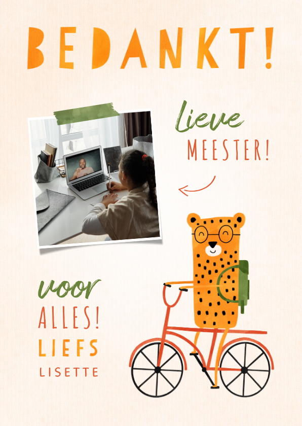 Bedankkaartjes - Bedankkaartje meester luipaardje op fiets met foto
