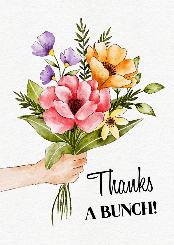 Bedankkaartje met grote bos bloemen in hand - Bedankkaartjes Bedankkaartjes - Bedankkaartje met grote bos bloemen in hand