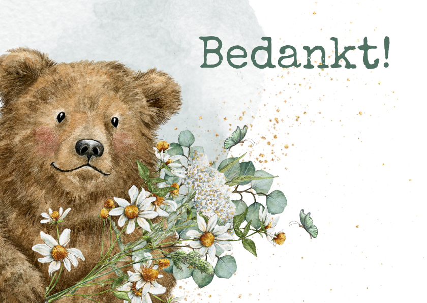 Bedankkaartjes - Bedankkaartje met lieve beer en grote bos bloemen