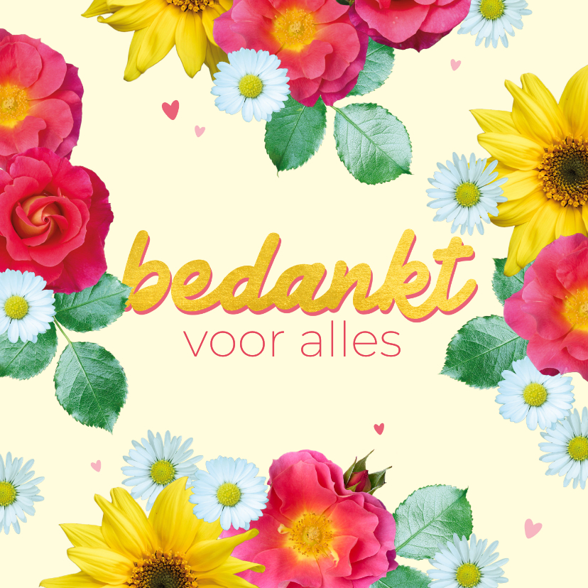 Bedankkaartje met rozen en zonnebloemen - Bedankkaartjes Bedankkaartjes - Bedankkaartje met rozen en zonnebloemen