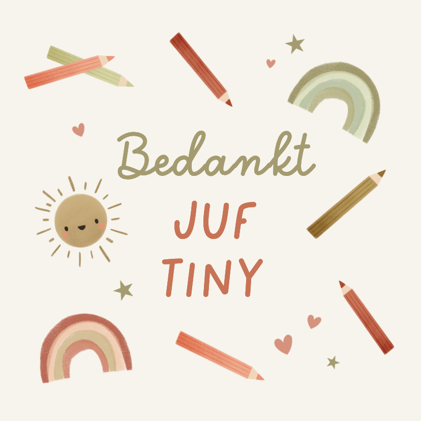 Bedankkaartjes - Bedankkaartje voor je juf met schoolspullen en naam