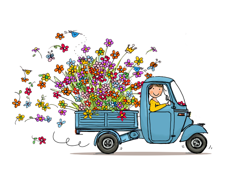 Bedankkaartjes - Driewieler met vele bloemen