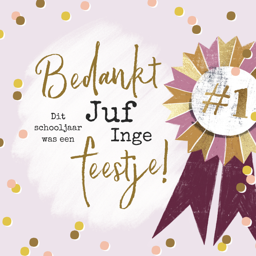 Bedankkaartjes - Feestelijke bedankkaart juf met vaandel, confetti en goud