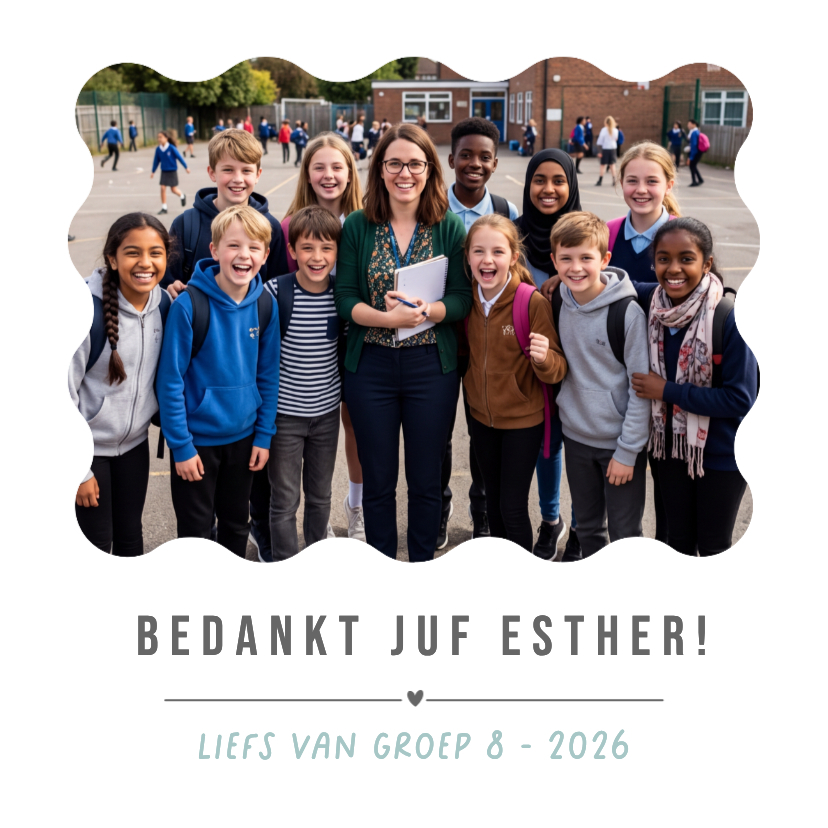 Bedankkaartjes - Fotokaart bedankt juf of meester met naam en groep