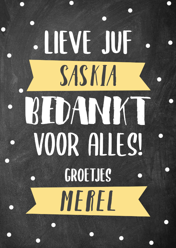 Bedankkaartjes - Lieve bedankkaart Juf met krijtbord, typografie en banners