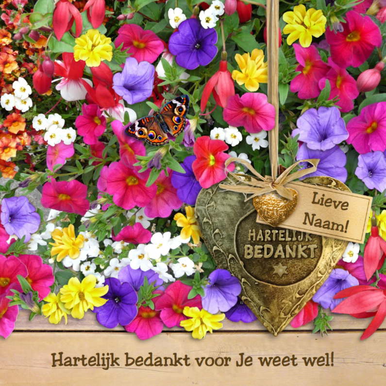 Mooie bedankkaart koperkleurig hart tussen kleurige bloemen - Bedankkaartjes Bedankkaartjes - Mooie bedankkaart koperkleurig hart tussen kleurige bloemen