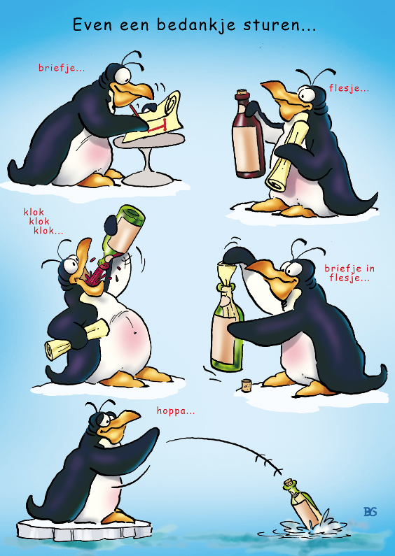 Pinguin bedankt 1 met fles - Bedankkaartjes Bedankkaartjes - Pinguin bedankt 1 met fles