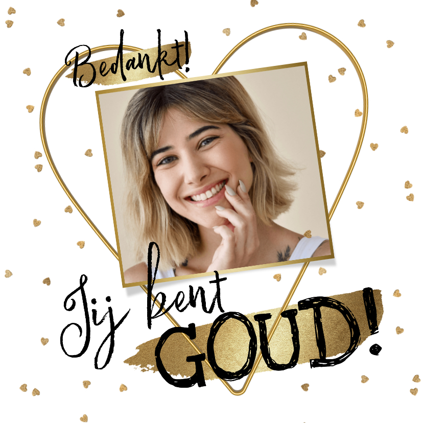 Bedankkaartjes - Trendy bedankkaart 'Jij bent goud' hart goud confetti foto