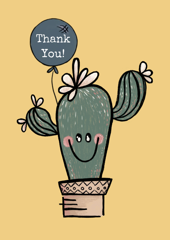 Bedankkaartjes - Vrolijke bedankkaart met cactus in pot en lichtblauwe ballon
