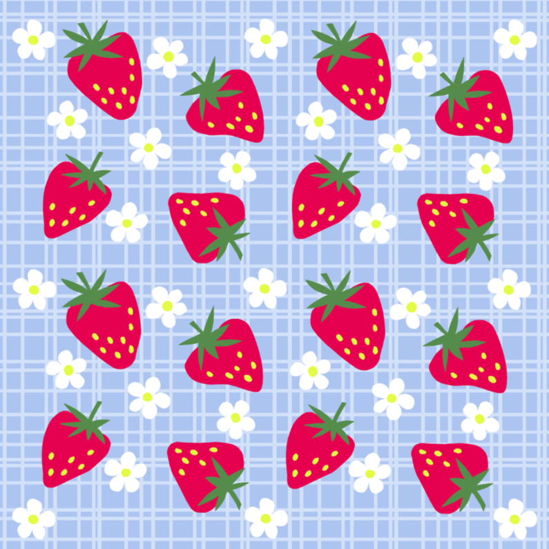 Aardbeien op een blauw ruitje - Beterschapskaarten Beterschapskaarten - Aardbeien op een blauw ruitje