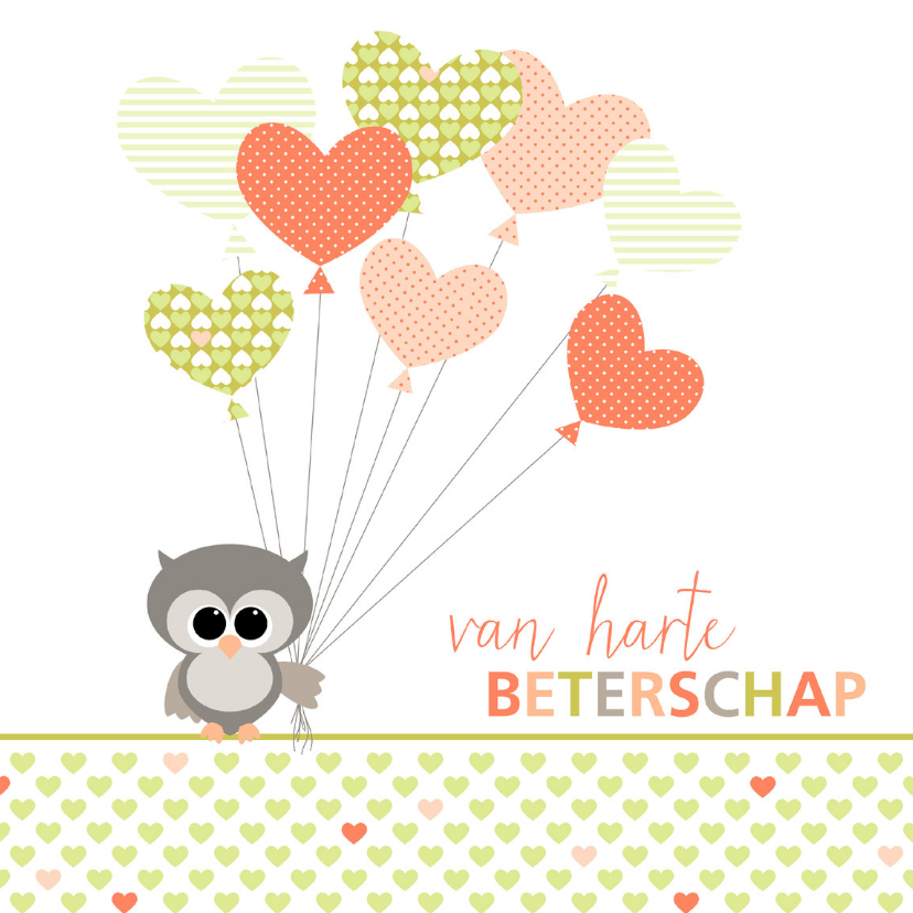 Beterschap met uil en ballonnen - Beterschapskaarten Beterschapskaarten - Beterschap met uil en ballonnen