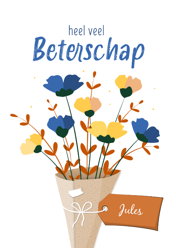 Beterschapskaarten - Beterschapskaart boeket gele en blauwe bloemen met naamlabel