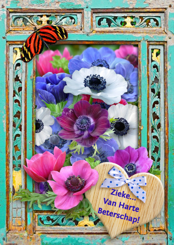 Beterschapskaart bos bloemen in sierlijk raamwerk van hout - Beterschapskaarten Beterschapskaarten - Beterschapskaart bos bloemen in sierlijk raamwerk van hout