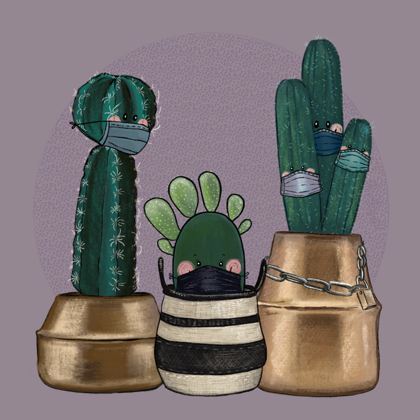 Beterschapskaart cactussen met mondkapjes in quarantaine - Beterschapskaarten Beterschapskaarten - Beterschapskaart cactussen met mondkapjes in quarantaine