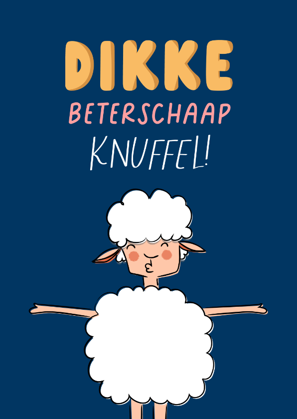 Beterschapskaarten - Beterschapskaart dikke knuffel van een hip vrolijk schaapje