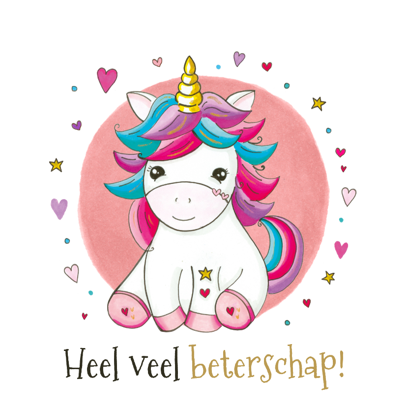 Beterschapskaart - eenhoorn met hartjes en sterren - Beterschapskaarten Beterschapskaarten - Beterschapskaart - eenhoorn met hartjes en sterren