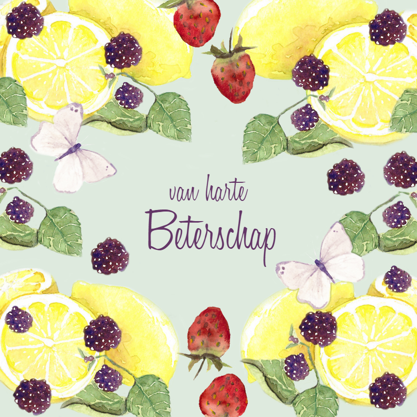 Beterschapskaart fruit met vlinders - Beterschapskaarten Beterschapskaarten - Beterschapskaart fruit met vlinders