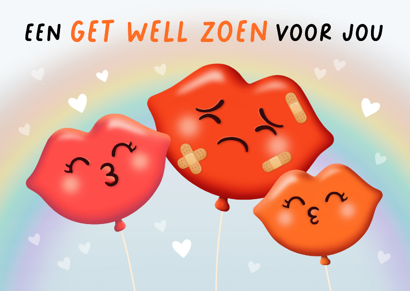 Beterschapskaarten - Beterschapskaart get well zoen kus ballonnen