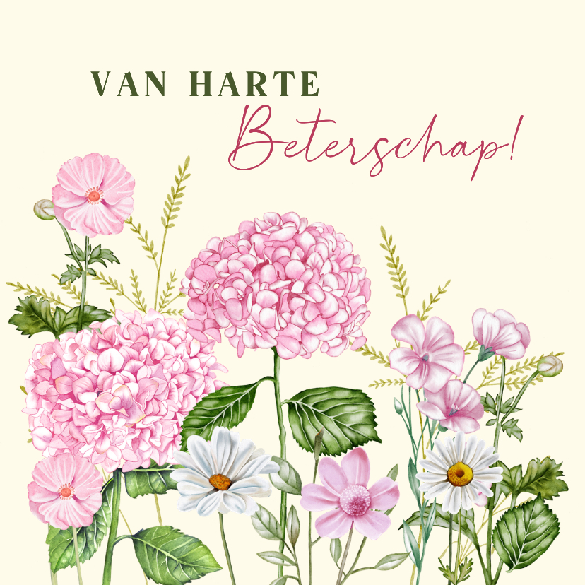 Beterschapskaart hortensia's en veldbloemen - Beterschapskaarten Beterschapskaarten - Beterschapskaart hortensia's en veldbloemen