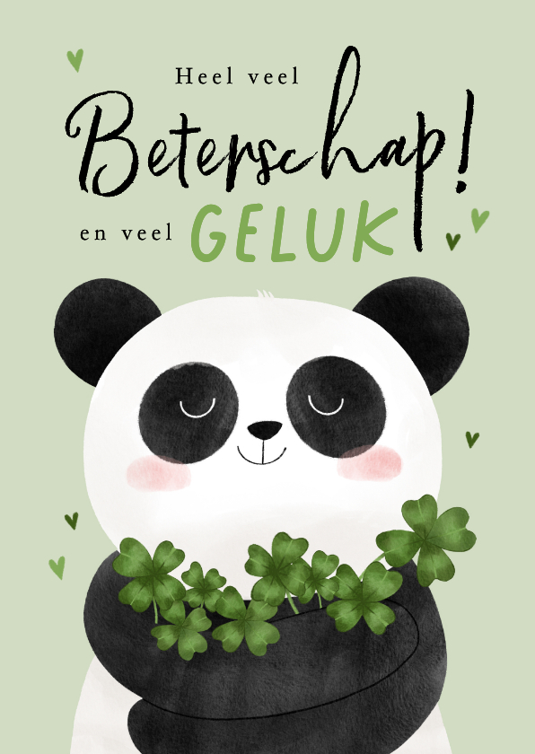 Beterschapskaarten - Beterschapskaart kind panda en klavertjes vier