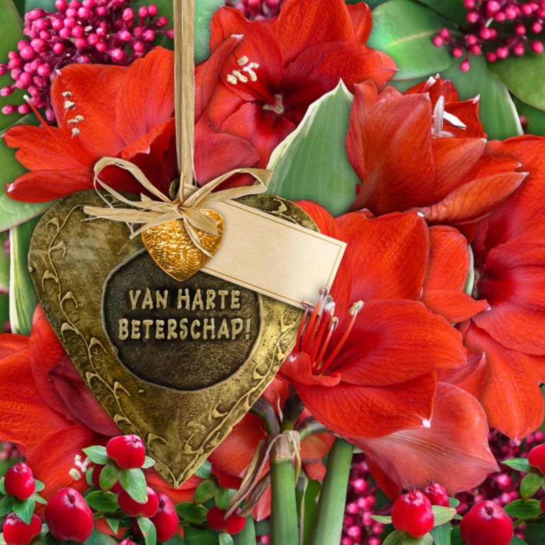 Beterschapskaart met bronskleurig hart en rode amaryllissen - Beterschapskaarten Beterschapskaarten - Beterschapskaart met bronskleurig hart en rode amaryllissen