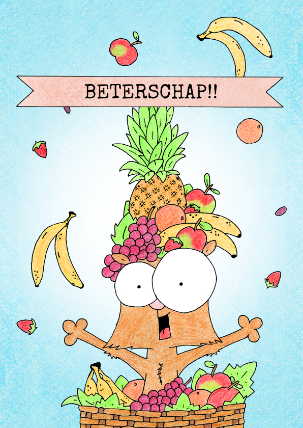 Beterschapskaarten - Beterschapskaart met eekhoorntje in een fruitmand