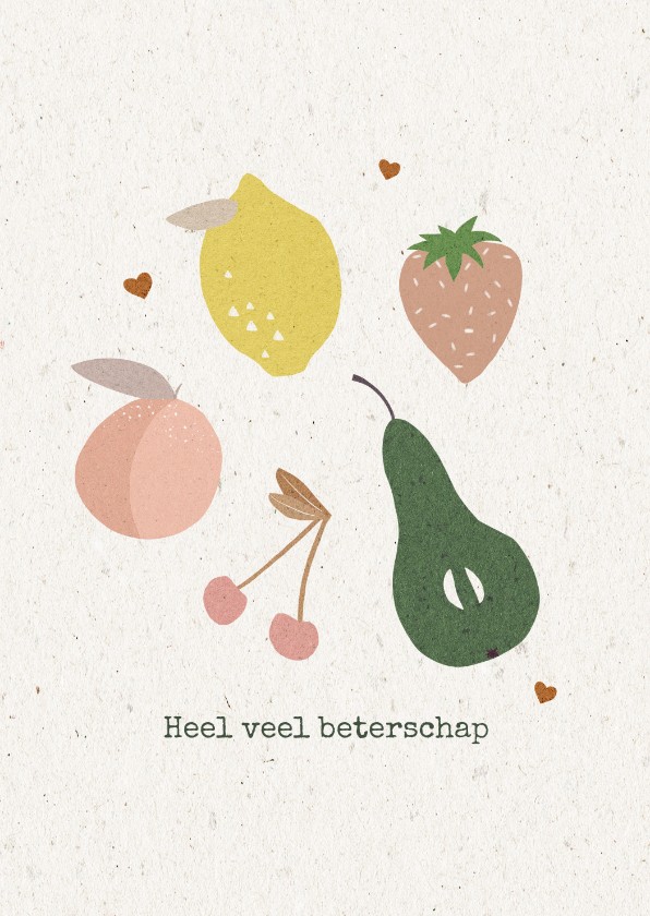 Beterschapskaart met fruit en kleine hartjes op karton - Beterschapskaarten Beterschapskaarten - Beterschapskaart met fruit en kleine hartjes op karton