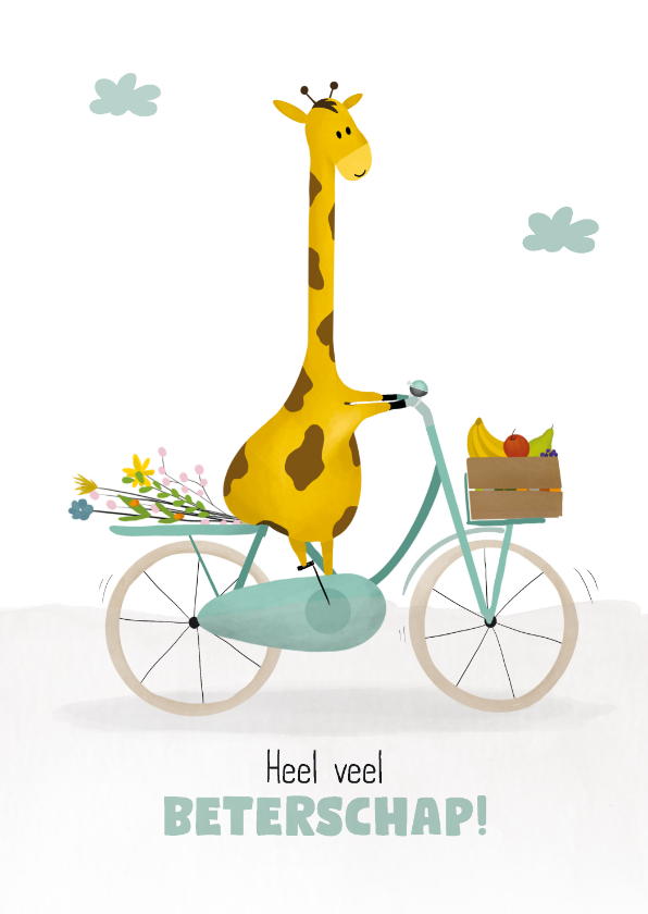 Beterschapskaarten - Beterschapskaart met giraf die bloemen en fruit brengt