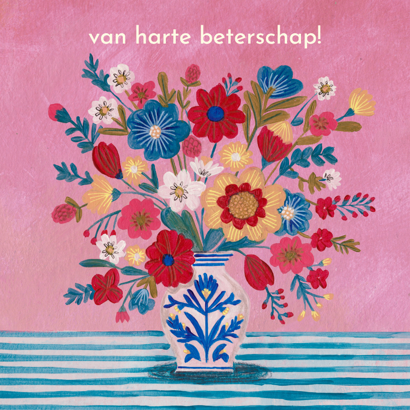 Beterschapskaarten - Beterschapskaart met mooie bos bloemen in Delfts blauw vaas