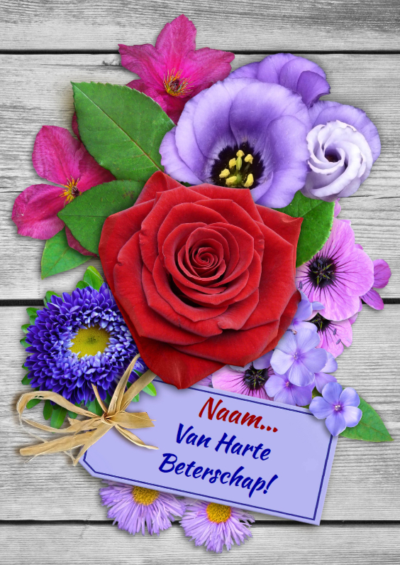 Beterschapskaart met roos en diverse bloemen op steigerhout - Beterschapskaarten Beterschapskaarten - Beterschapskaart met roos en diverse bloemen op steigerhout