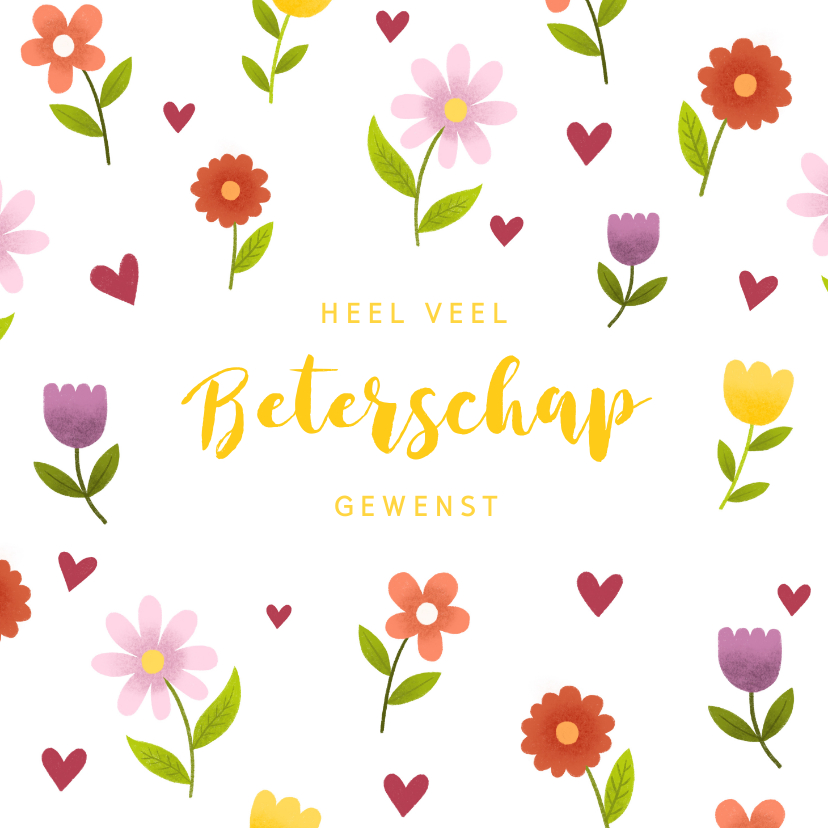 Beterschapskaarten - Beterschapskaart met vrolijke bloemen en hartjes