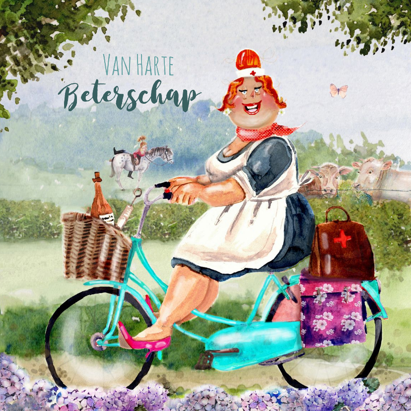 Beterschapskaart met zuster Tinie op de fiets met mandje - Beterschapskaarten Beterschapskaarten - Beterschapskaart met zuster Tinie op de fiets met mandje