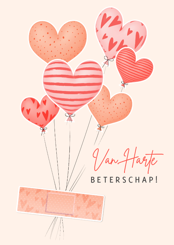 Beterschapskaarten - Beterschapskaart opbeurend met pleister en hartjes ballonnen