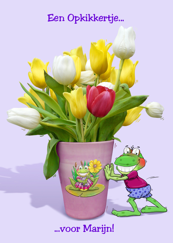 Beterschapskaart opkikker met tulpen in vaas - Beterschapskaarten Beterschapskaarten - Beterschapskaart opkikker met tulpen in vaas