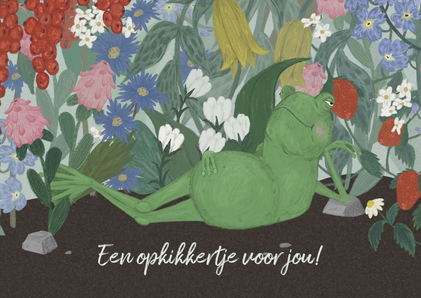 Beterschapskaart opkikkertje met bloemen een een luie kikker - Beterschapskaarten Beterschapskaarten - Beterschapskaart opkikkertje met bloemen een een luie kikker