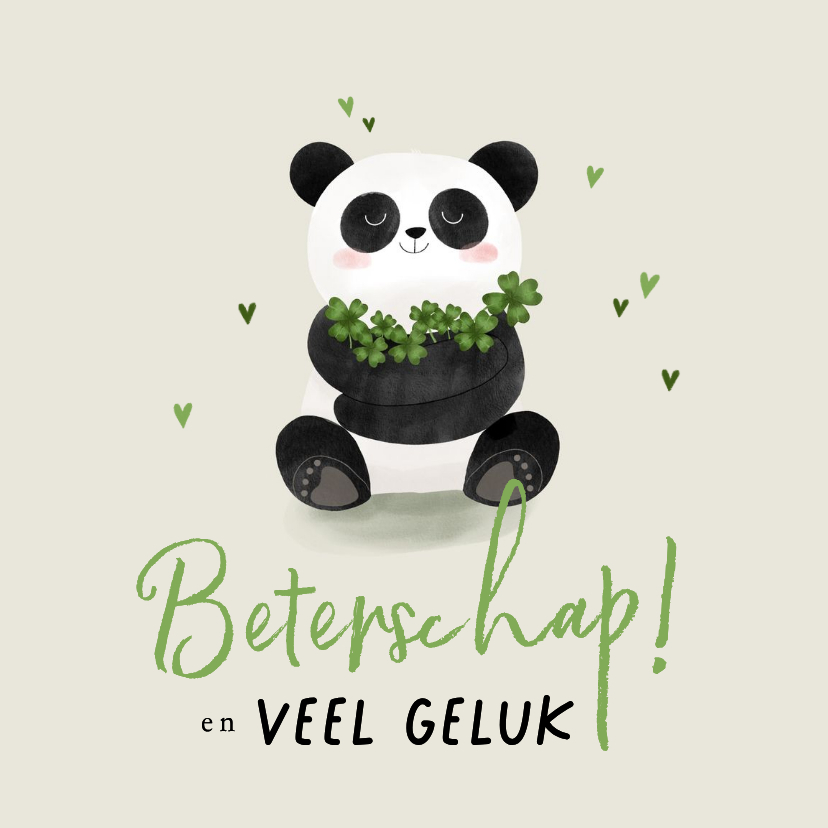 Beterschapskaart panda klavertjes vier voor kind - Beterschapskaarten Beterschapskaarten - Beterschapskaart panda klavertjes vier voor kind