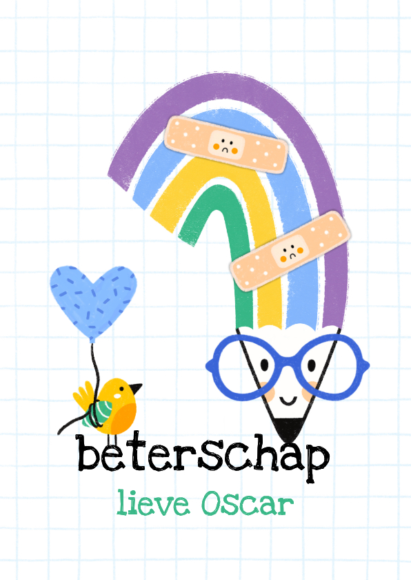 Beterschapskaarten - Beterschapskaart regenboog potlood en vogel met ballon