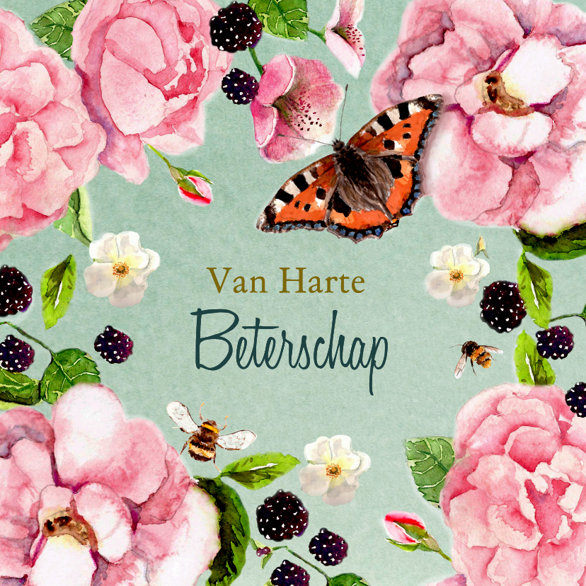Beterschapskaarten - Beterschapskaart rozen bramen vlinder bijtjes
