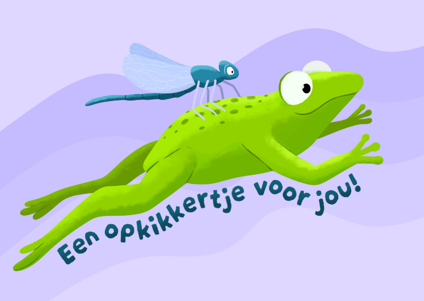 Beterschapskaart springende kikker met libelle - Beterschapskaarten Beterschapskaarten - Beterschapskaart springende kikker met libelle