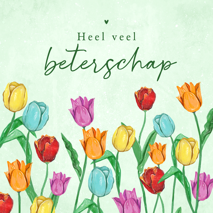 Beterschapskaarten - Beterschapskaart tulpen kleurrijk groen bloemen waterverf 
