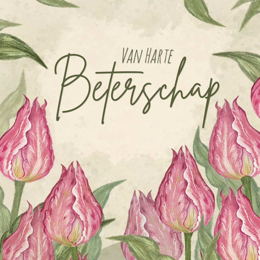 Beterschapskaarten - Beterschapskaart tulpen met roze en groen tinten