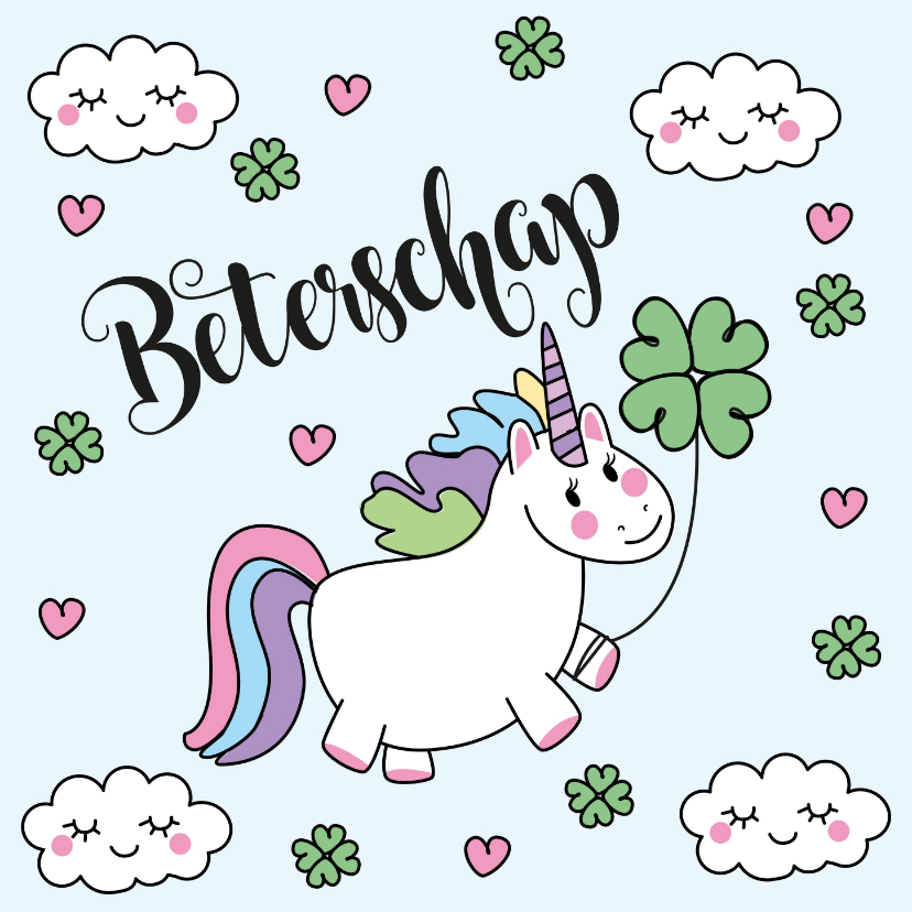 Beterschapskaart Unicorn klavertje 4 - Beterschapskaarten Beterschapskaarten - Beterschapskaart Unicorn klavertje 4