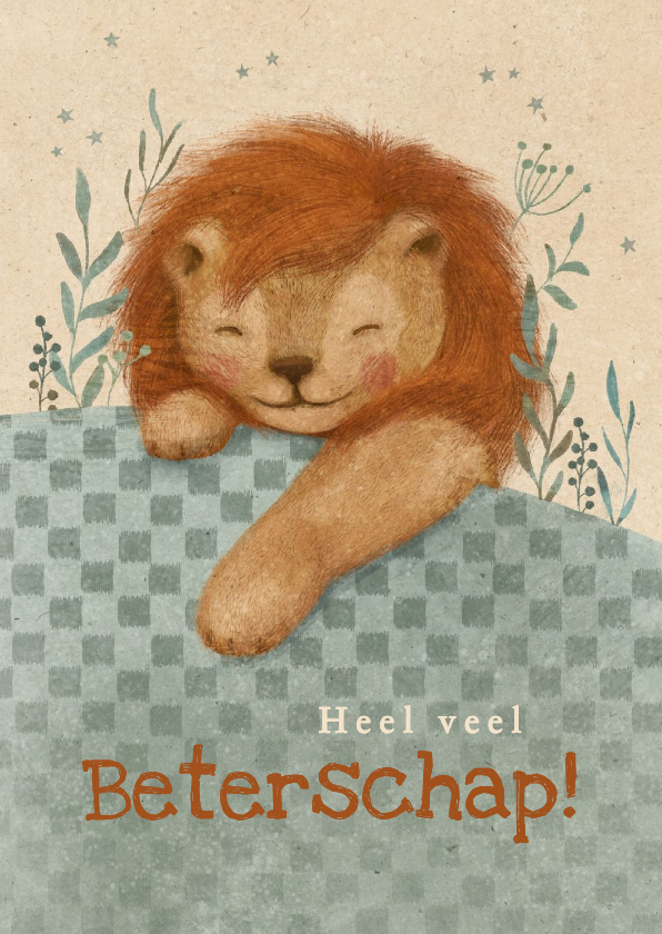Beterschapskaart voor een kind met een leeuwtje in bed - Beterschapskaarten Beterschapskaarten - Beterschapskaart voor een kind met een leeuwtje in bed