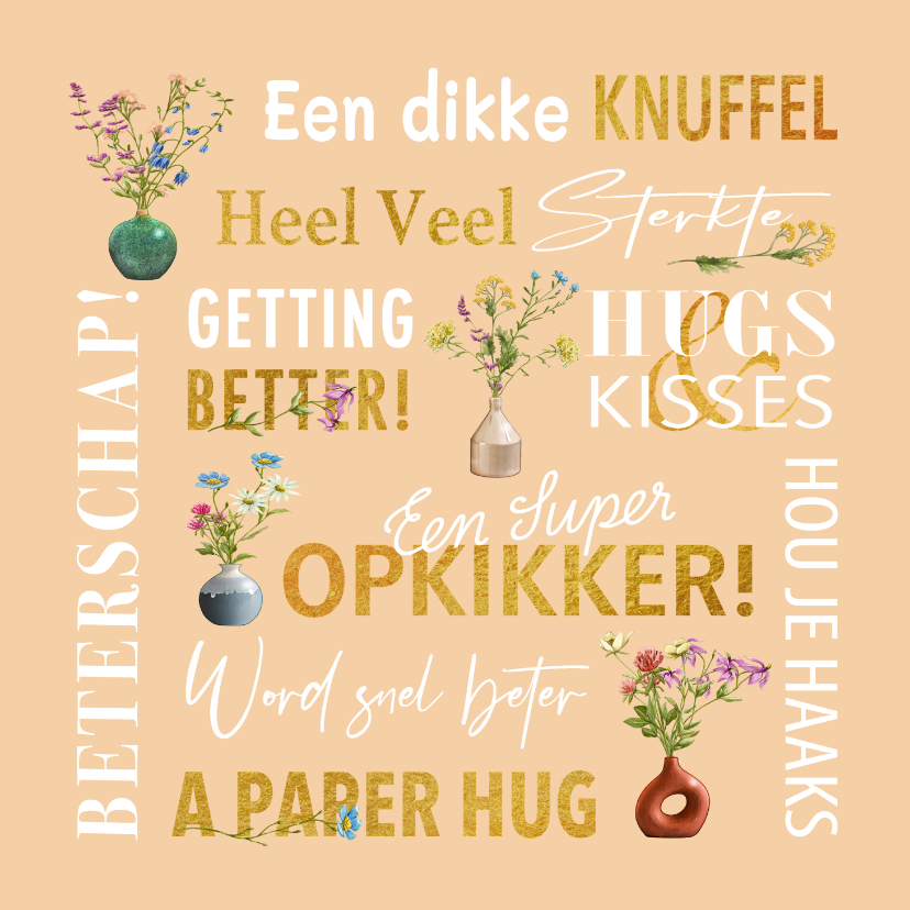 Beterschapskaart wilde bloemen in vaasjes typografie - Beterschapskaarten Beterschapskaarten - Beterschapskaart wilde bloemen in vaasjes typografie