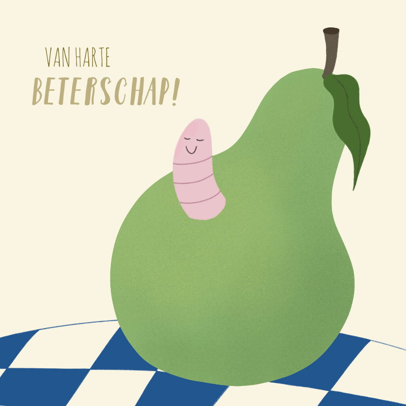 Beterschapskaart worm en peer met beige achtergrond - Beterschapskaarten Beterschapskaarten - Beterschapskaart worm en peer met beige achtergrond