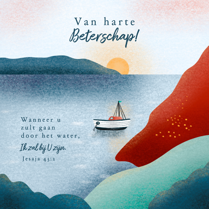 Beterschapskaarten - Christelijke beterschapskaart water boot en bergen