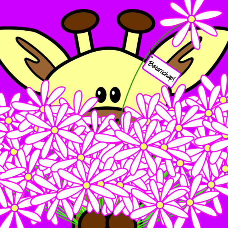 Giraf met grote bos bloemen - Beterschapskaarten Beterschapskaarten - Giraf met grote bos bloemen